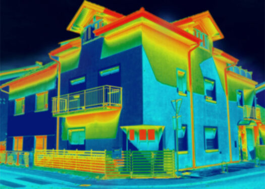 Infrared thermal image of a building showing heat loss